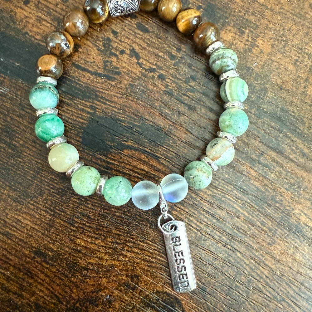 Chic Tigers Eye, Moonstone & Green Agate Bracelet with 'Removable Blessed' Charm
